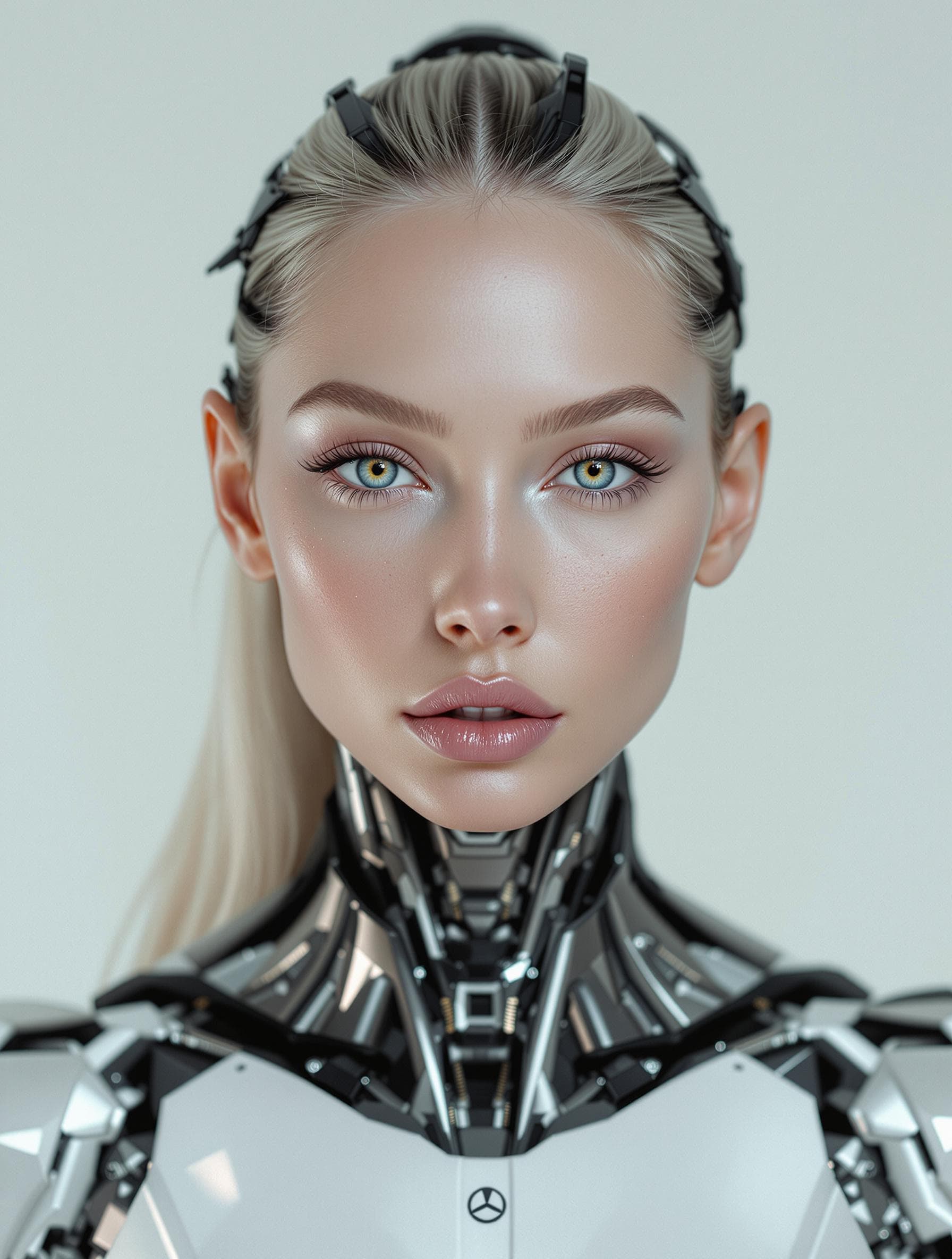 AI generated: portrait of a stunning half human woman , half robot fashion model, ultra-realistic portrait, shot o...