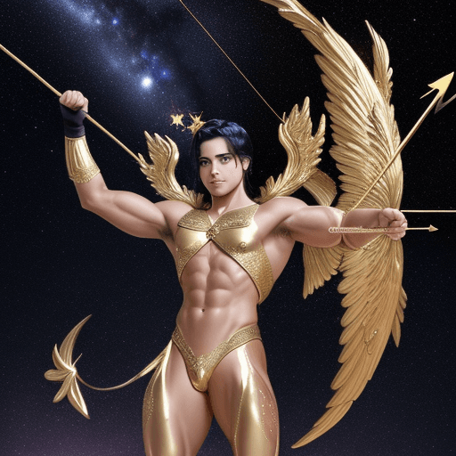 AI generated: 1man, muscle, golden full body amor, golden wing, Sagittarius horoscope, hold a huge golden bow in r...
