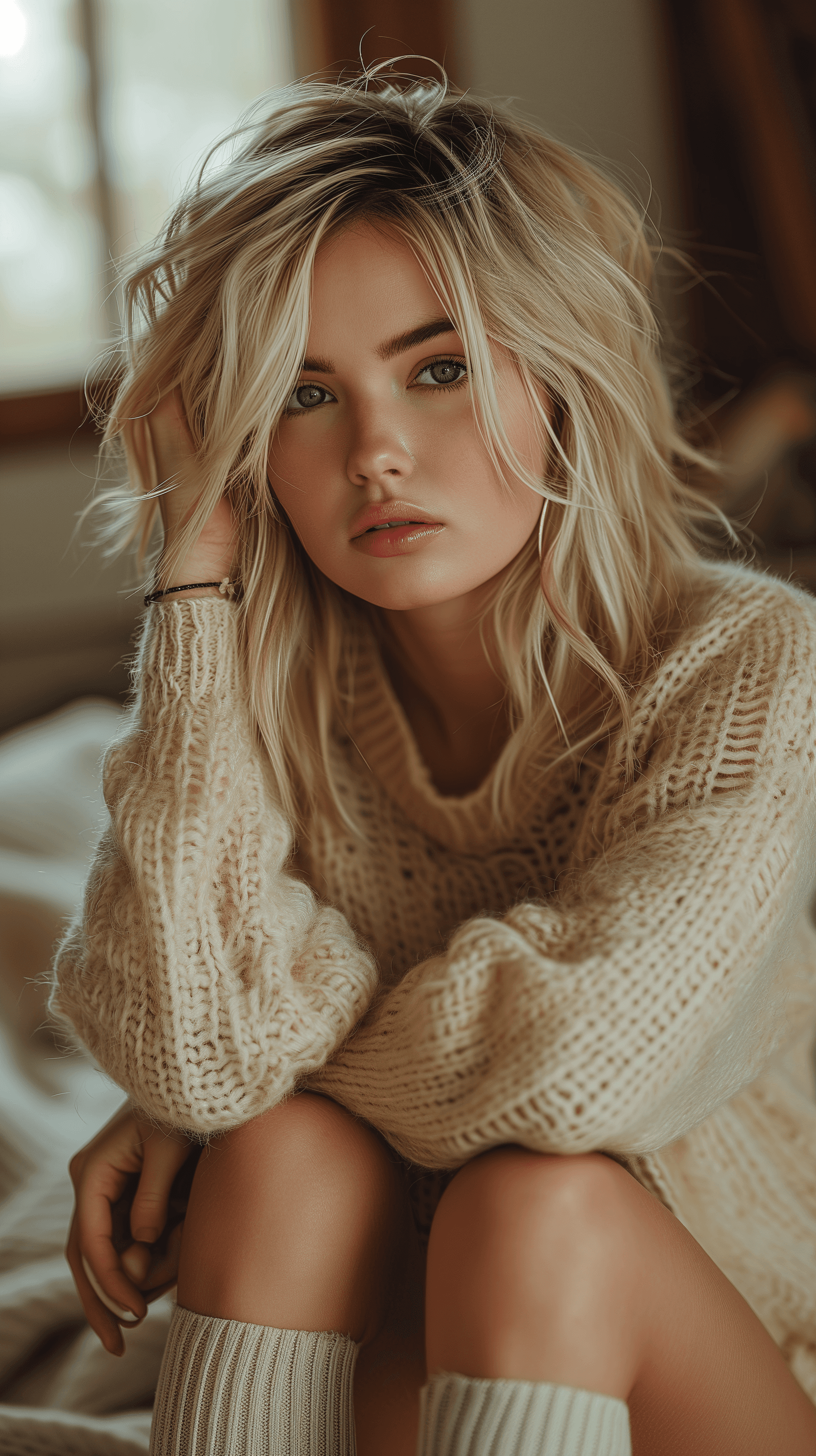 AI generated: photo of attractive woman sitting, blonde, knees up, socks, shown from floor up, cream color aesthet...