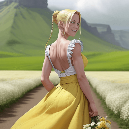 AI generated: girl in caldera dress seen from the back holding yellow and white flowers, in the background a beaut...