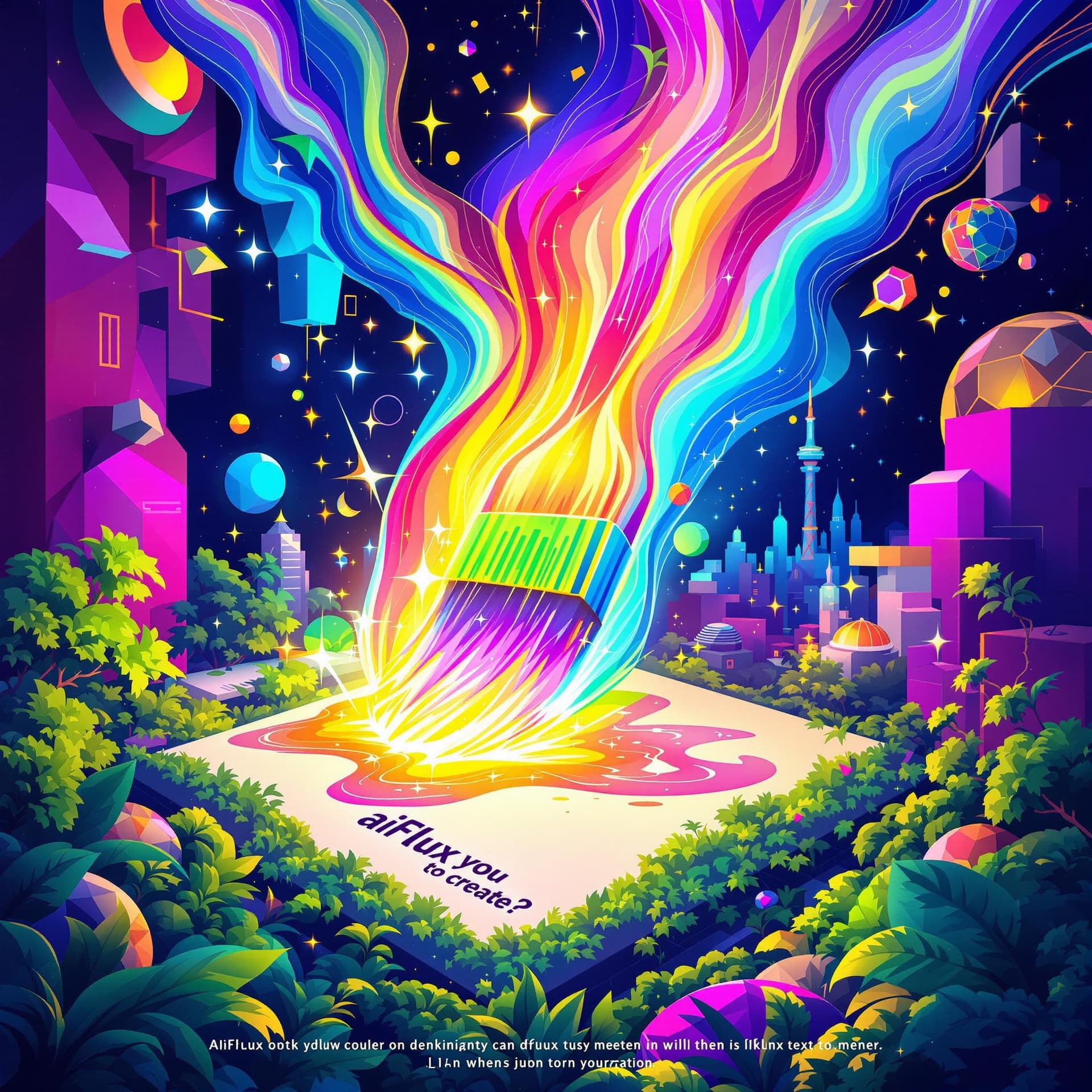 AI generated: A dynamic and vibrant illustration of a bold ad for the AIFlux text-to-image tool. In the foreground...