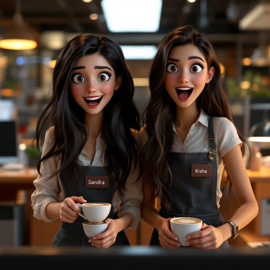 AI generated: two very excited, spanish young ladies, the one with long black hair is taller than the other lady w...