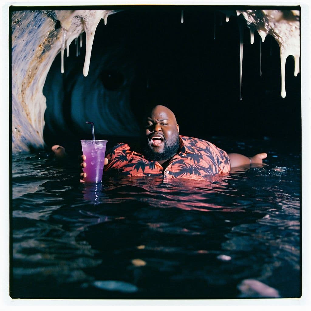 AI generated: grainy 80's photograph quality polaroid of big fat bald neurotic fearful black man floating into a b...
