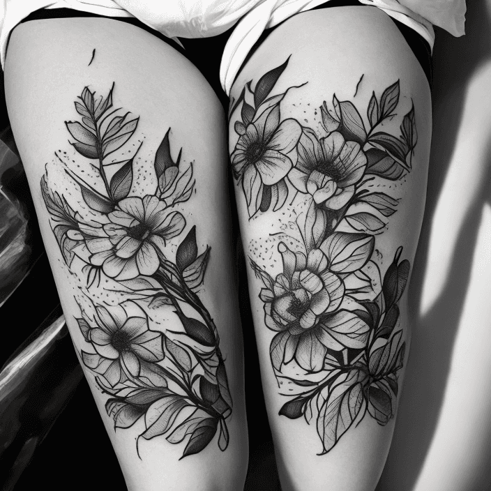 AI generated: Thigh tattoo, flowers, snakes, black and white, leaves with black fill, smooth transitions, floral p...