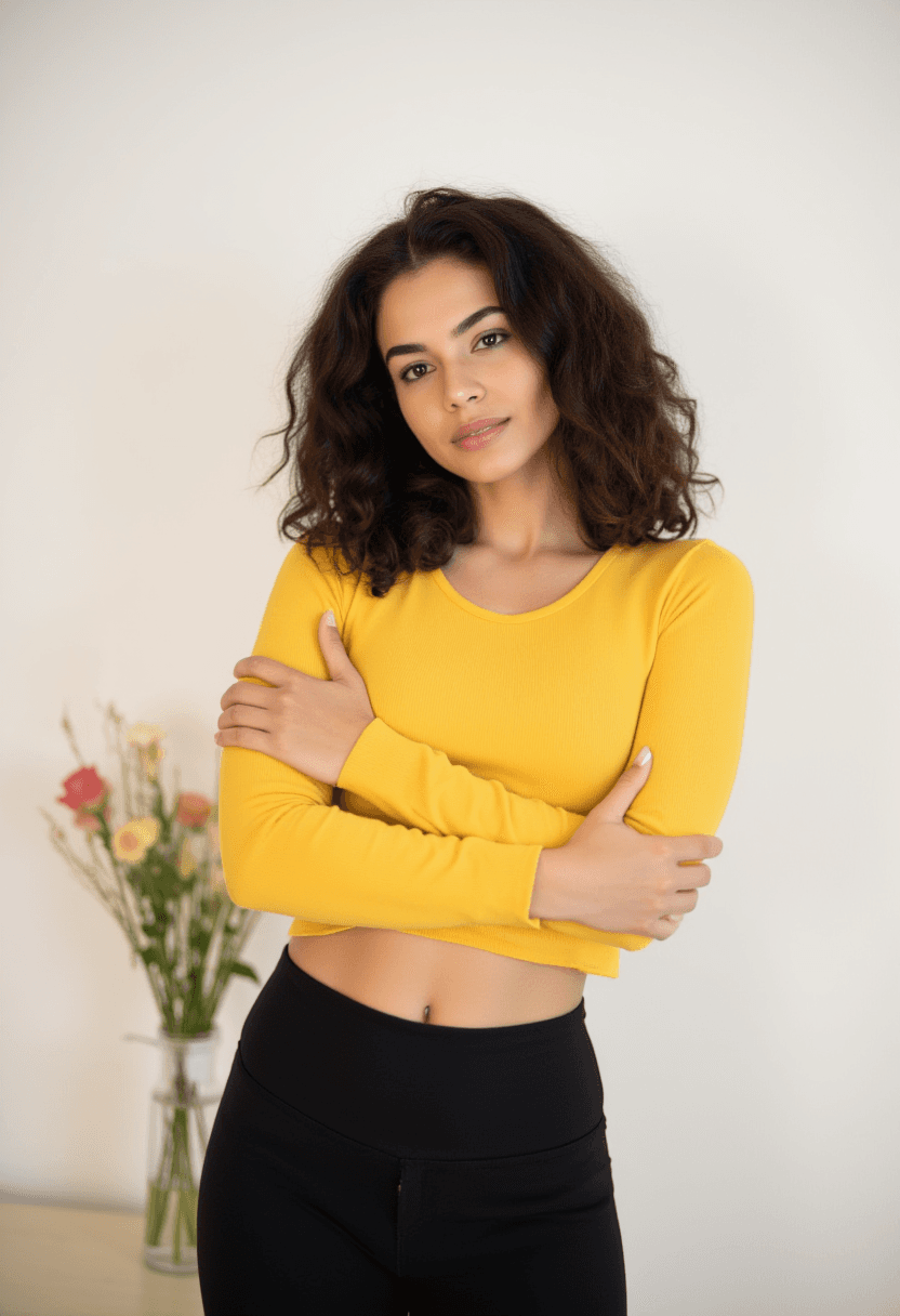 AI generated: A young woman with curly hair stands confidently before a plain white wall, wearing a vibrant yellow...