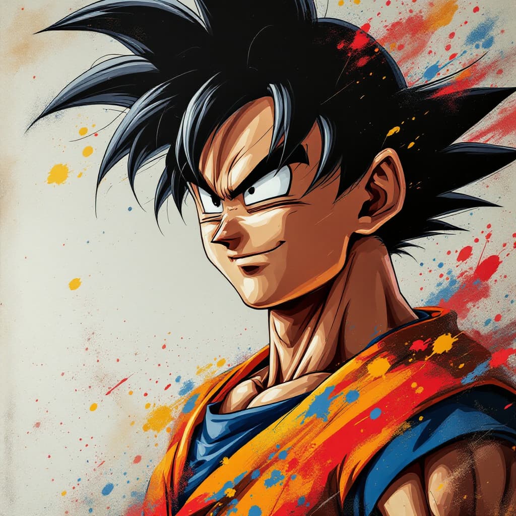 AI generated: Goku poster, happy and calm facial expression male character in red, yellow and blue, in the style o...