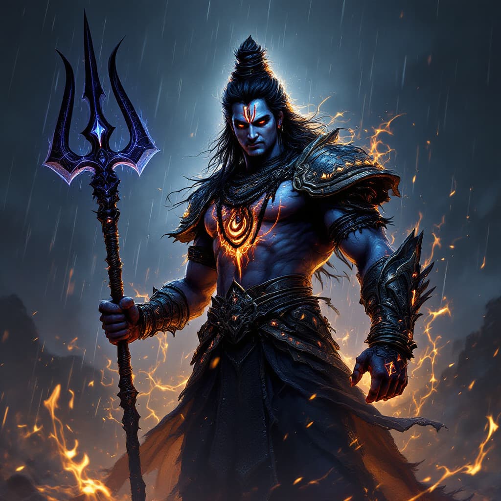 AI generated: digital wallpaper, Lord Shiva the warrion, trishul in his hand, alone, glowing elements, intricate a...