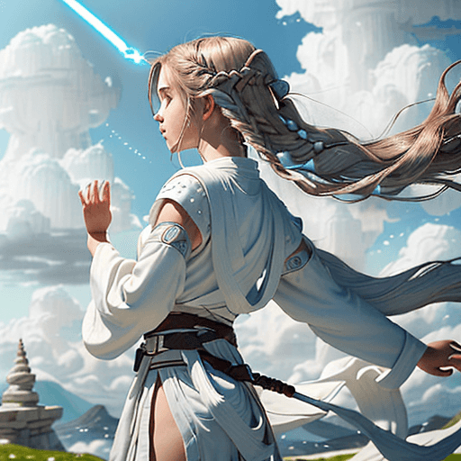AI generated: A young female Jedi Padawan, dressed in a traditional white Jedi tunic and pants, training on the sa...