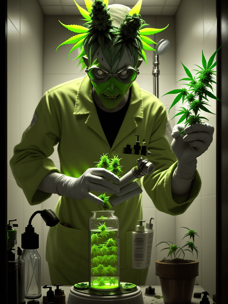 AI generated: a crazy radioactive chemist making marijuana flowers in a small bathroom full of marijuana plants