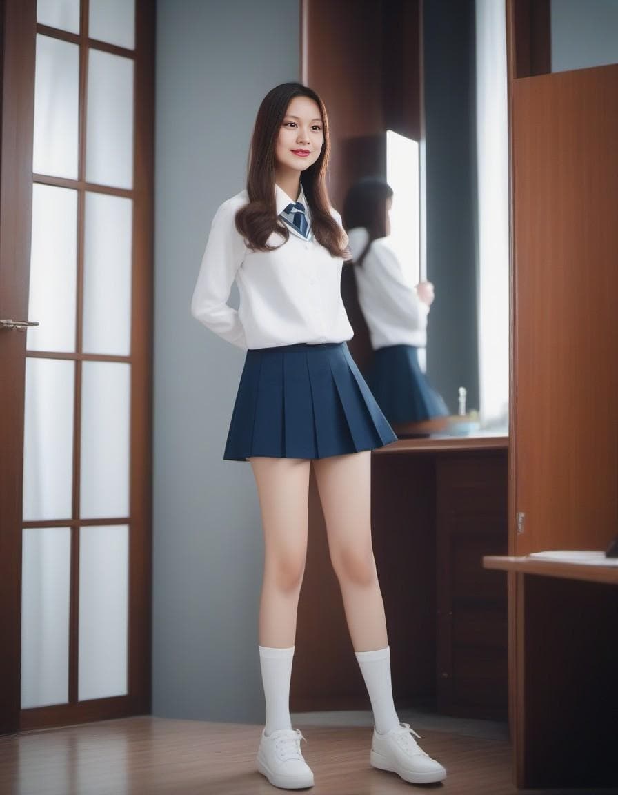 AI generated: girl looking mirror school uniform legs open 