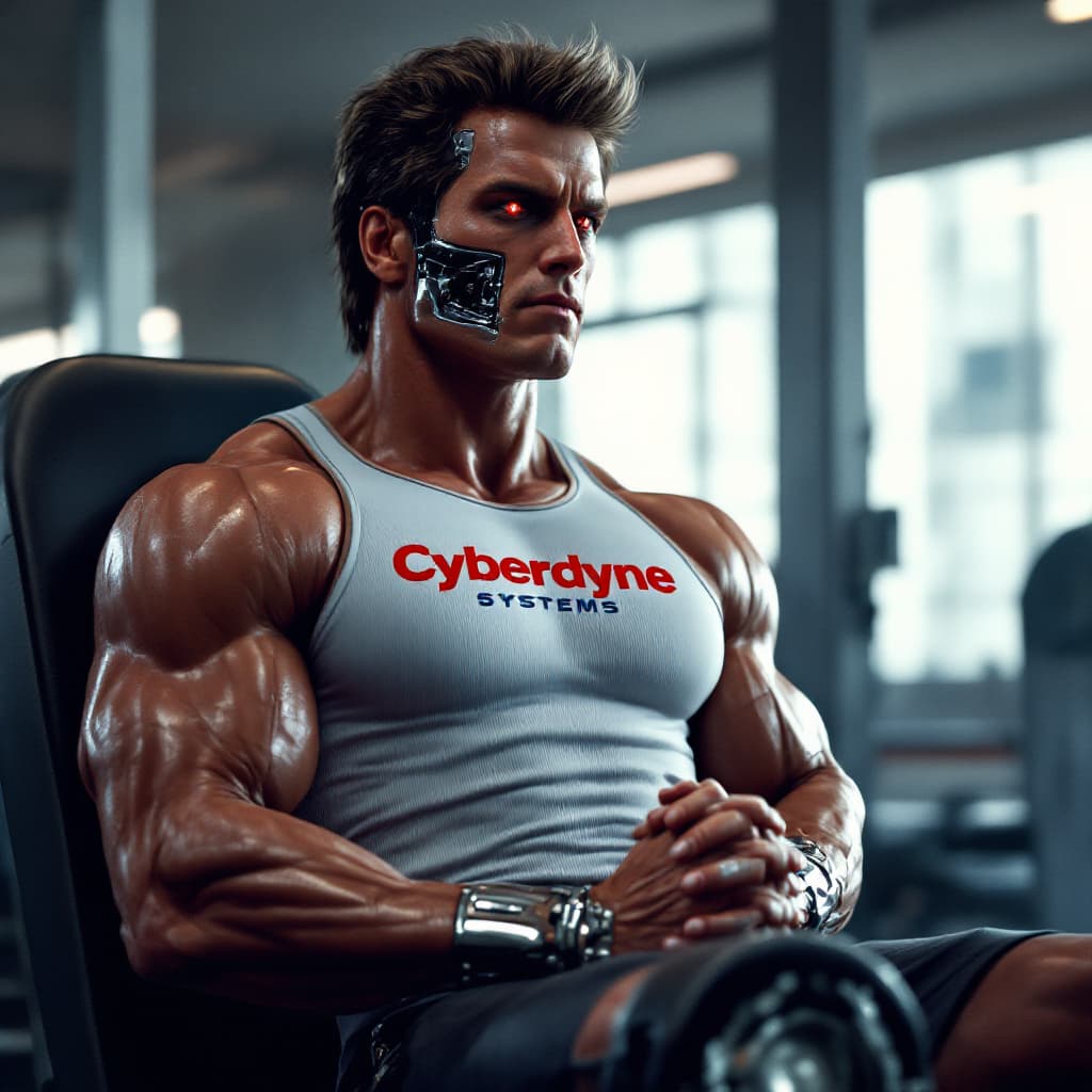 AI generated: A hyperrealistic 1980s-style cinematic scene showing the Terminator from The Terminator movie seated...