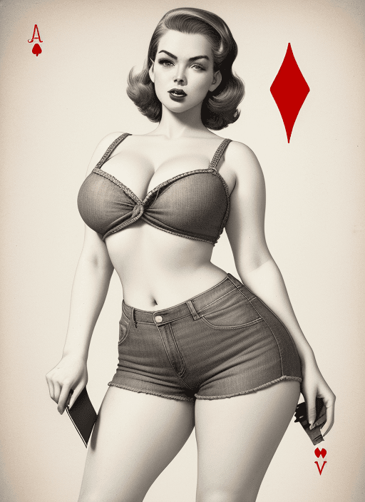 AI generated: A vintage playing card, display of card suit and number, very short summerdress, hotpants, jeans, ri...