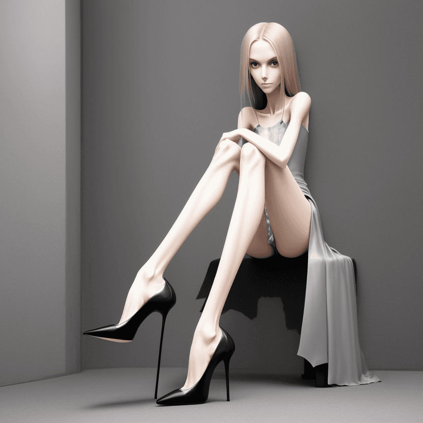 AI generated: very skinny anorexic legs  in high heels, high heels, sitting, the tips of the shoes are very long t...