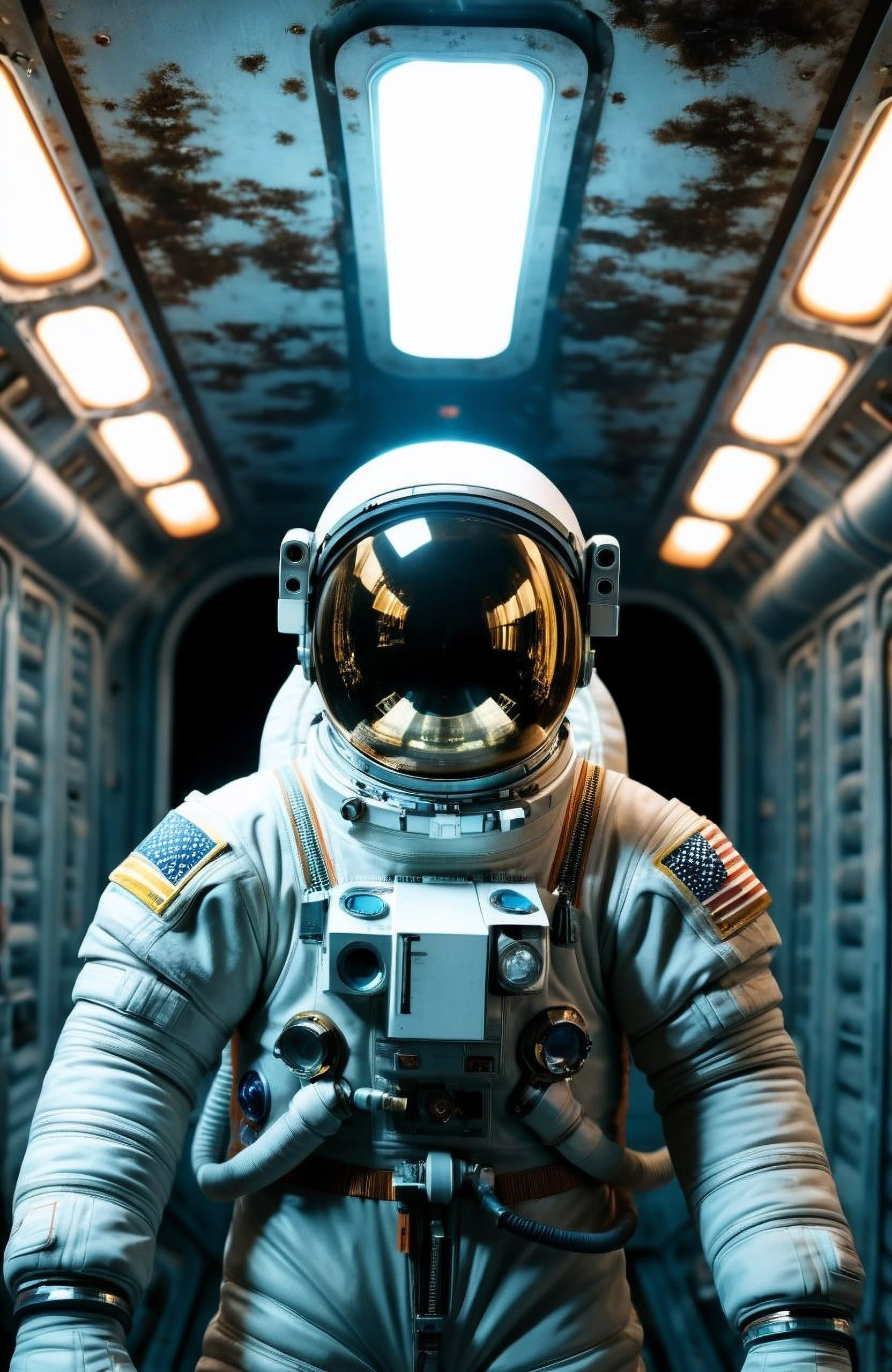 AI generated: classicnegative cinematic portrait photo, an astronaut in a rusty grey spacesuit on an abandoned spa...