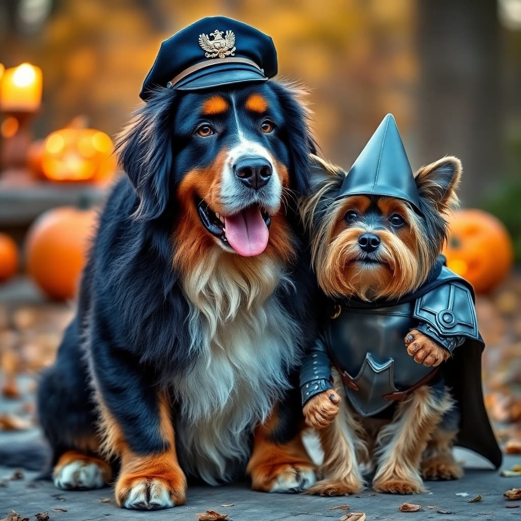 AI generated: Create a highly detailed photograph of a much bigger Bernese Mountain Dog and a Yorkshire terrier dr...
