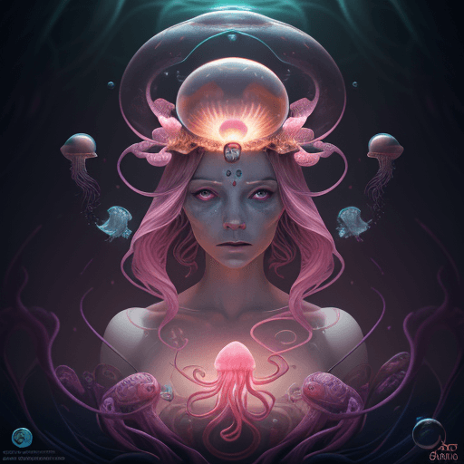 AI generated: Goddess close-up portrait ribcagel. jellyfish phoenix head, nautilus, orchid, skull, betta fish, bio...