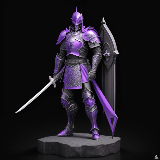 AI generated: 3D art toy of a Black Knight wearing purple and black armor, holding a sword in his hand, standing t...