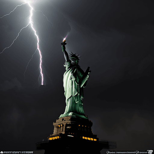 AI generated: ultra photorealistic low-angle shot view of the statue of liberty, she's wearing an anti-nuclear sui...