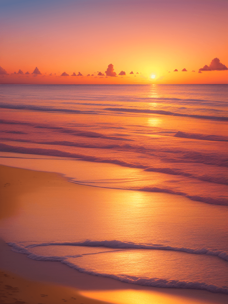 AI generated: A serene tropical beach at sunset, golden sand stretching into the distance, vibrant orange and pink...