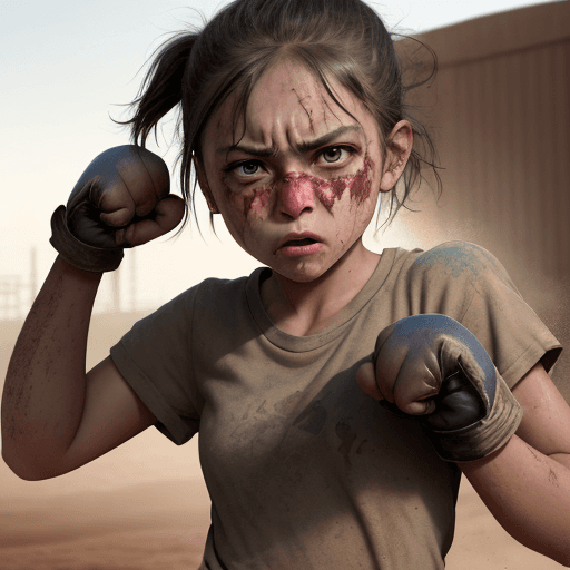 AI generated: a rebellious girl standing in fighting pose covered in dirt with a runny nose and fists raised deter...