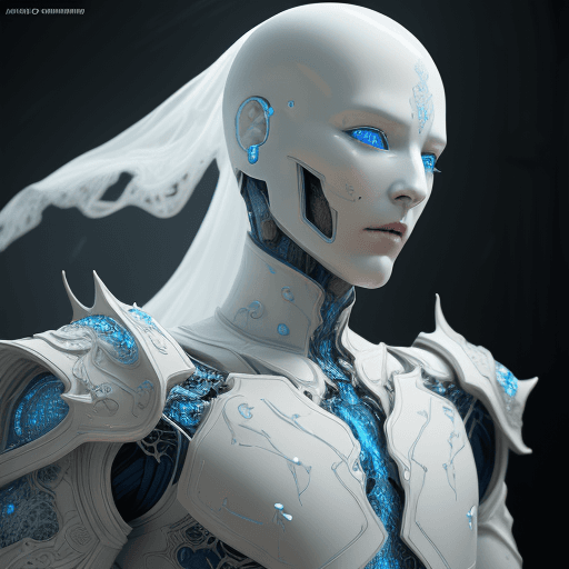 AI generated: humanoid android, covered in white porcelain skin, blue eyes, white wispy ghost wearing ornate armou...