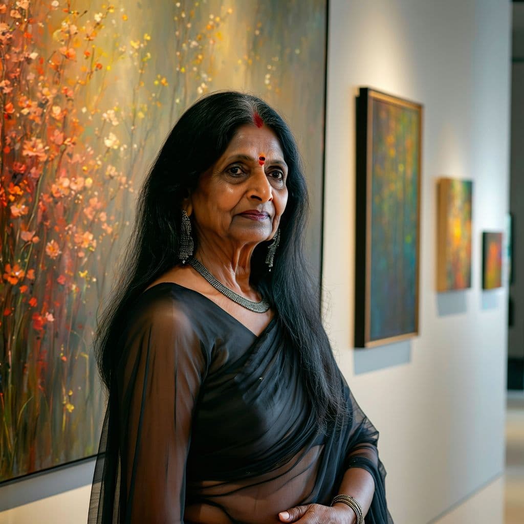 AI generated: 
A 45-year-old Tamil woman with a fuller build that reflects her age, dressed in a black transparent...
