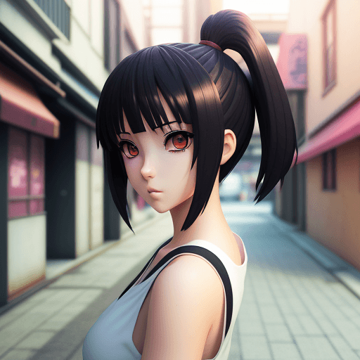 AI generated: anime style, semi 3d style girl, close up, blurry street back ground
