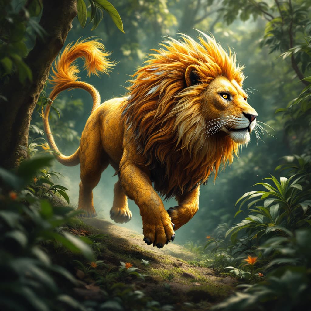 AI generated: Una criatura mítica que combina las características de un león y un dragón se desplaza a través de u...