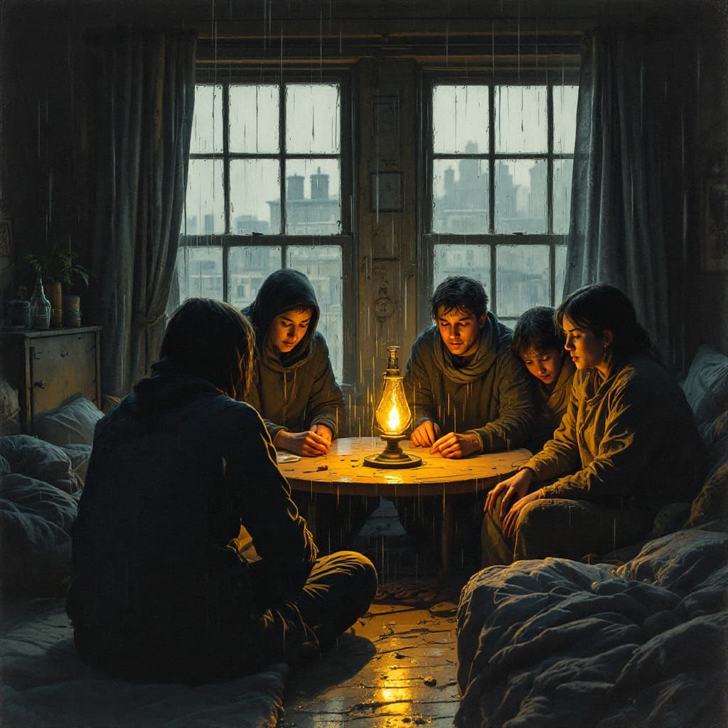 AI generated: 16.	"View from inside an overcrowded tenement, where six family members share a single room lit by a...