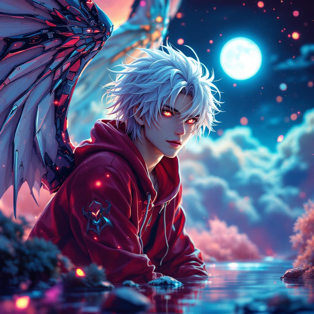 AI generated: Makoto Shinkai styled anime, adult man, transforming into Evangelion Demonic Demon inspired mecha, f...