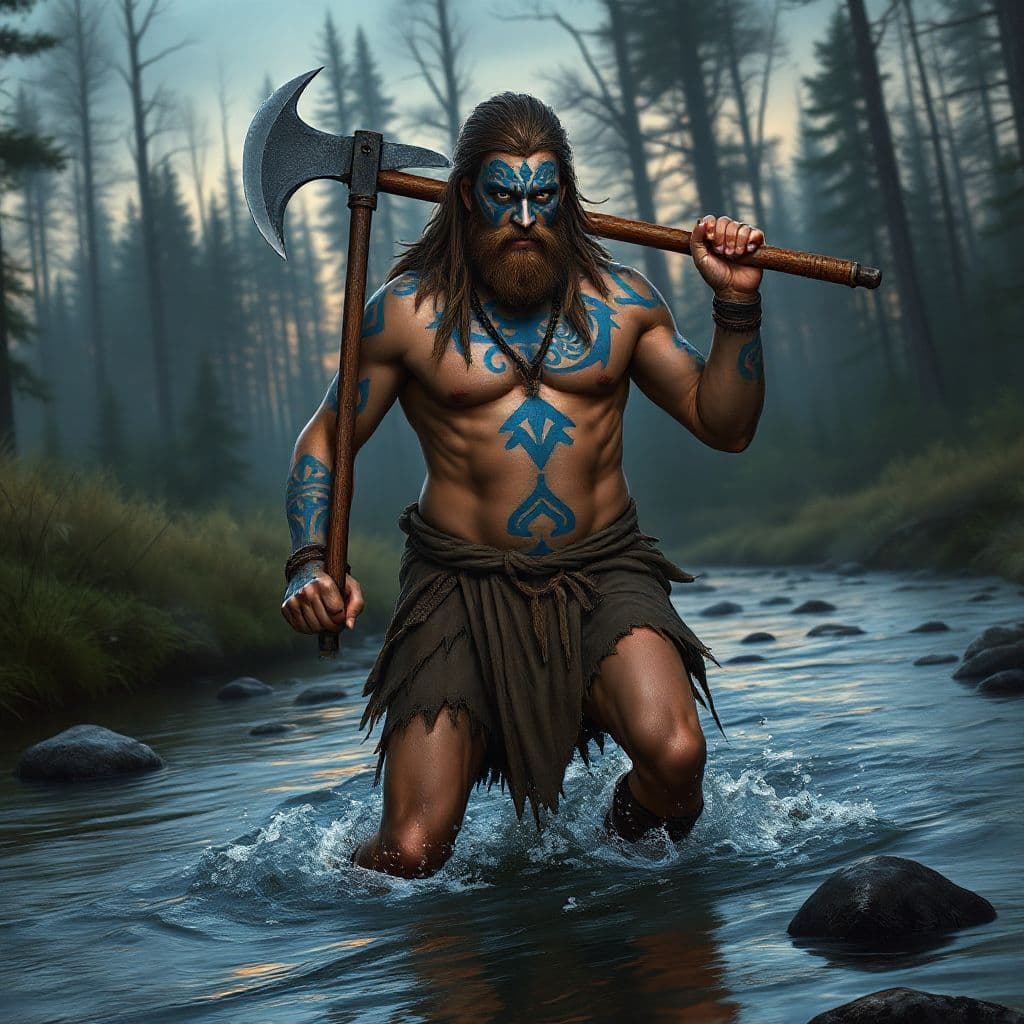 AI generated: barbarian warrior wearing loincloth, blue tribal motif on face and body, holding a battle axe, blue ...