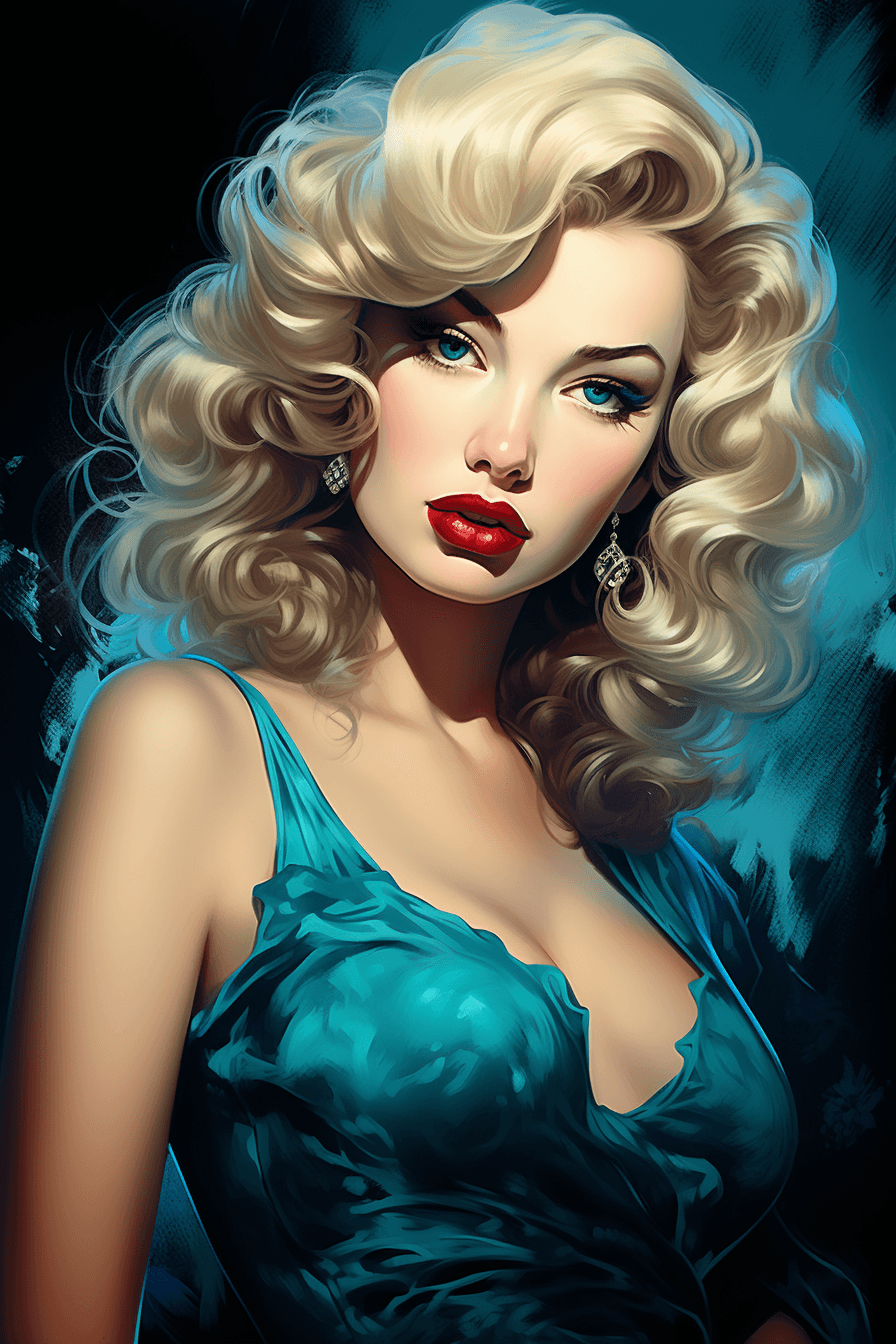 AI generated: Pinuplover, in the style of highly detailed illustrations, tony sart, dark cyan and dark black, cele...