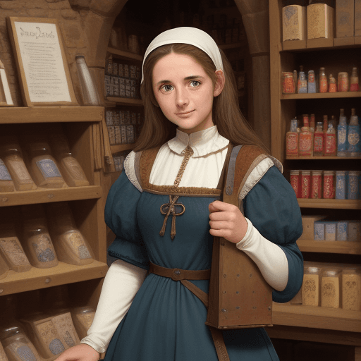 AI generated: A young, tired but friendly woman alchimist. in a medieval shop