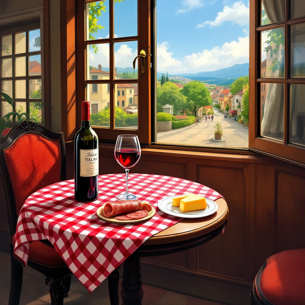 AI generated: A scene from an Italian Restaurant with a small round table with a red and white checkered table clo...