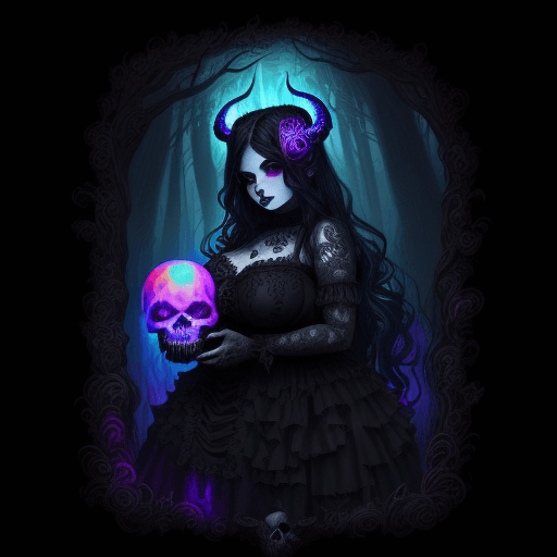AI generated: Gorgeous curvy demon girl wearing black gothic clothing, holding a skull, rainbow psychedelic forest...