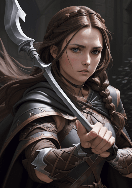AI generated: JRPG female brown haired woman holding a spear, braided brown hair, facing the viewer, battle spear,...