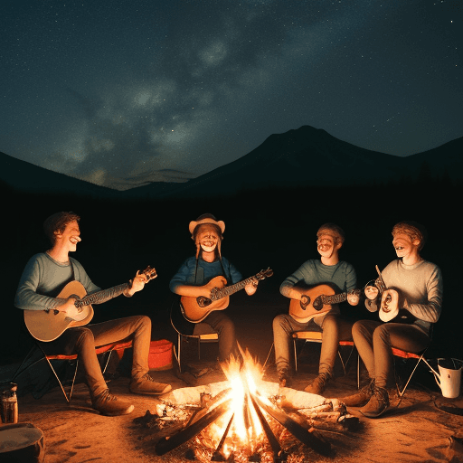 AI generated: 4 friends with happy faces sitting around the campfire. One with the guitar, second with the cup of ...