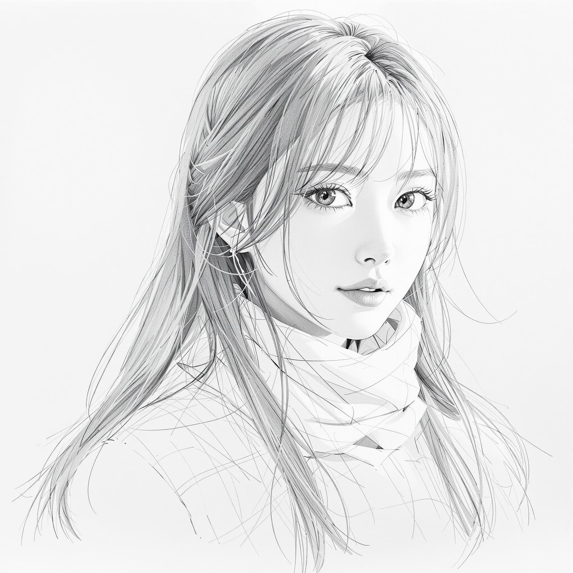 AI generated: A pencil sketch of an Asian girl with long hair, wearing white and scarves around her neck, a half-l...