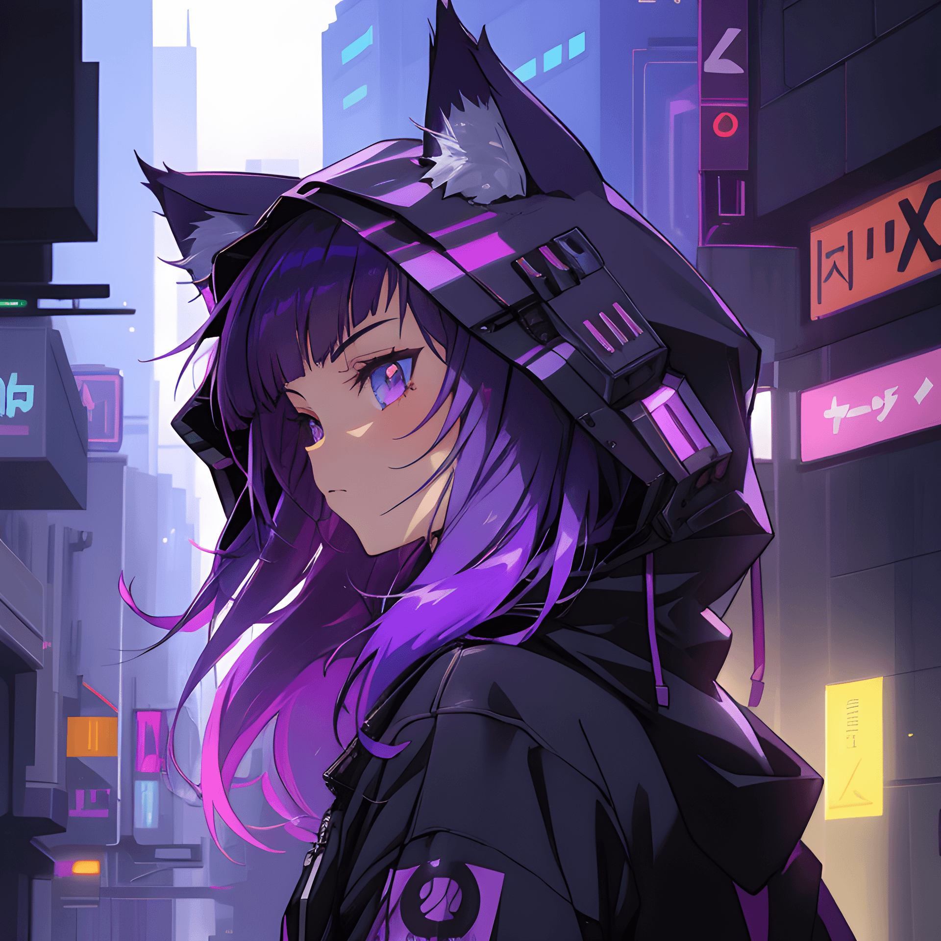 AI generated: a girl with purple hair wearing a hoodie, cyberpunk art, trending on pixiv, furry art, anime visual ...