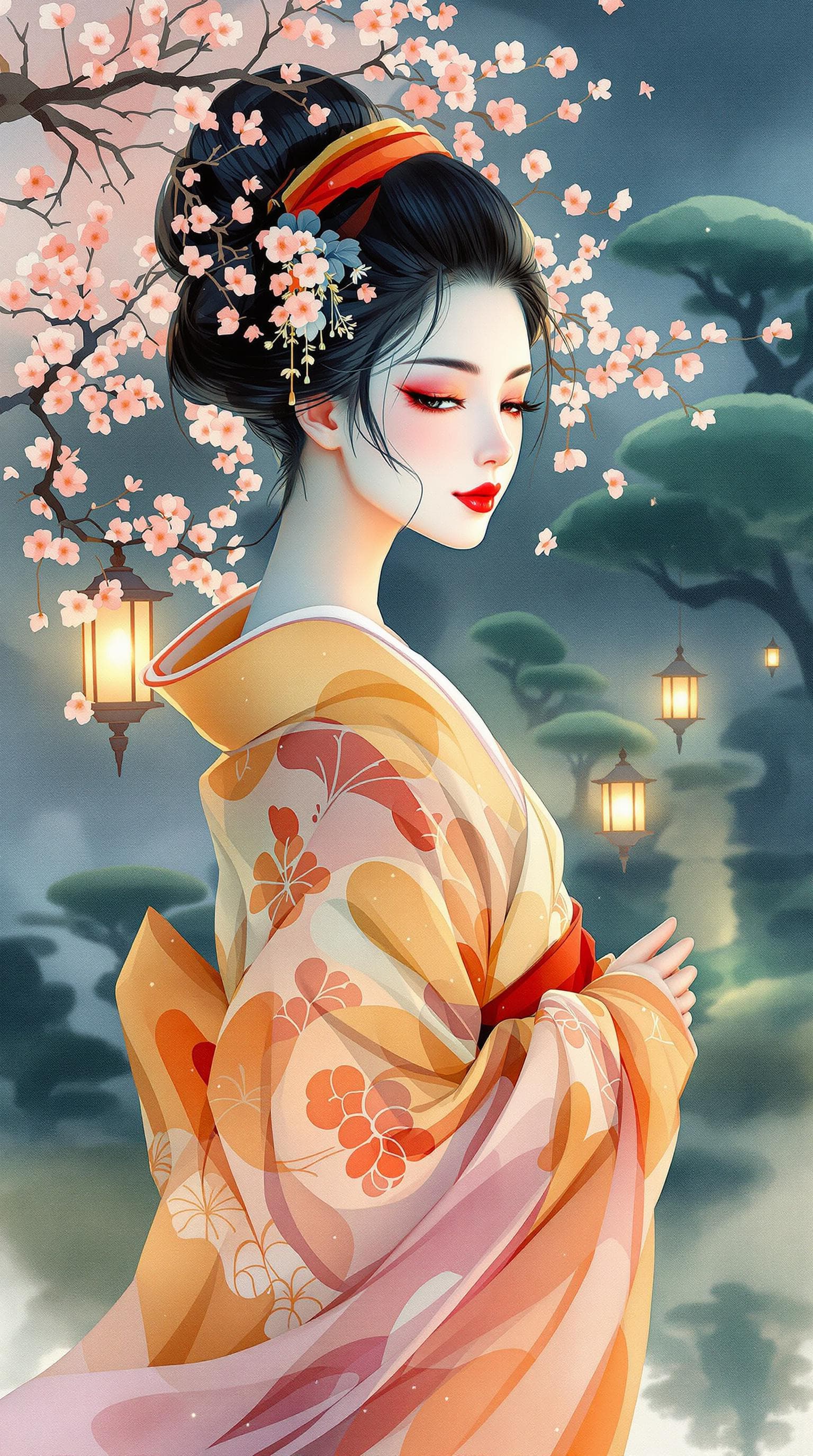 AI generated:  A vibrant watercolor portrait of a Japanese geisha, depicted in dynamic motion, set amidst a serene...