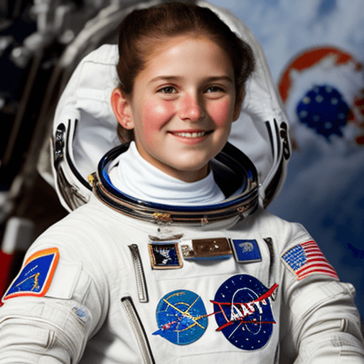 AI generated: A 13-year-old girl of European appearance in an astronaut's uniform.