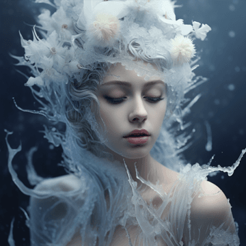 AI generated: Close up portrait of female face. Frosted skin, rime ice. Crystallized, elegant botany. Intricate ha...