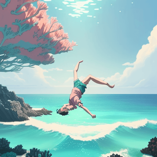 AI generated: make a landscape of a young man falling inside the sea, with pastel colors. Background with lights a...