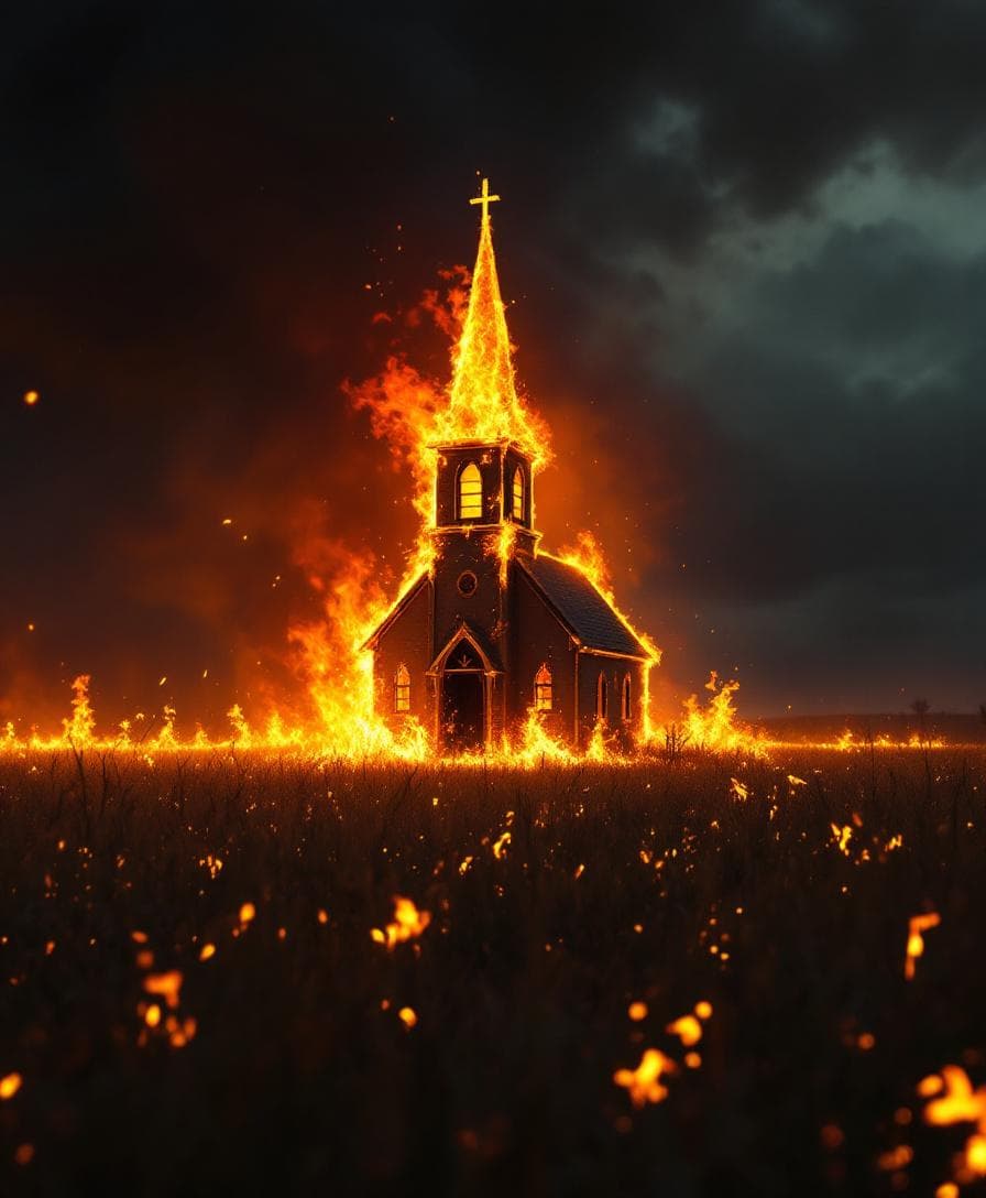 AI generated: can you make an image of like a countryside church like as the ones in far cry 5, in a field just bu...