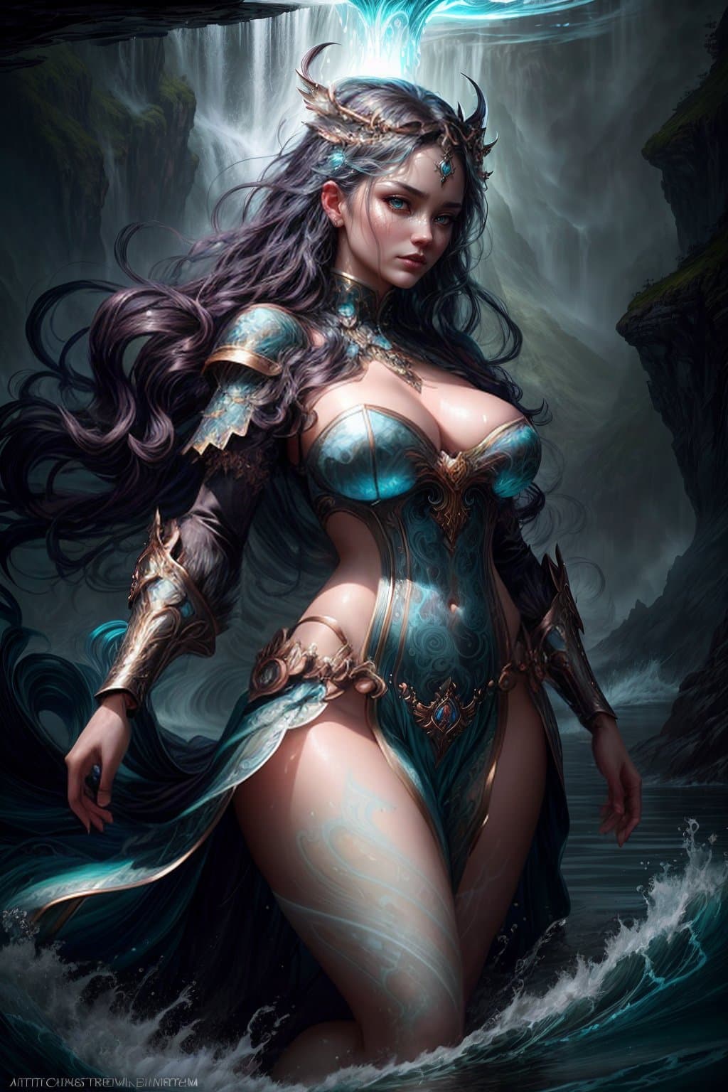 AI generated: fully clothed powerful goddess of water clothed in swirling water striding through a stormy sea, hig...