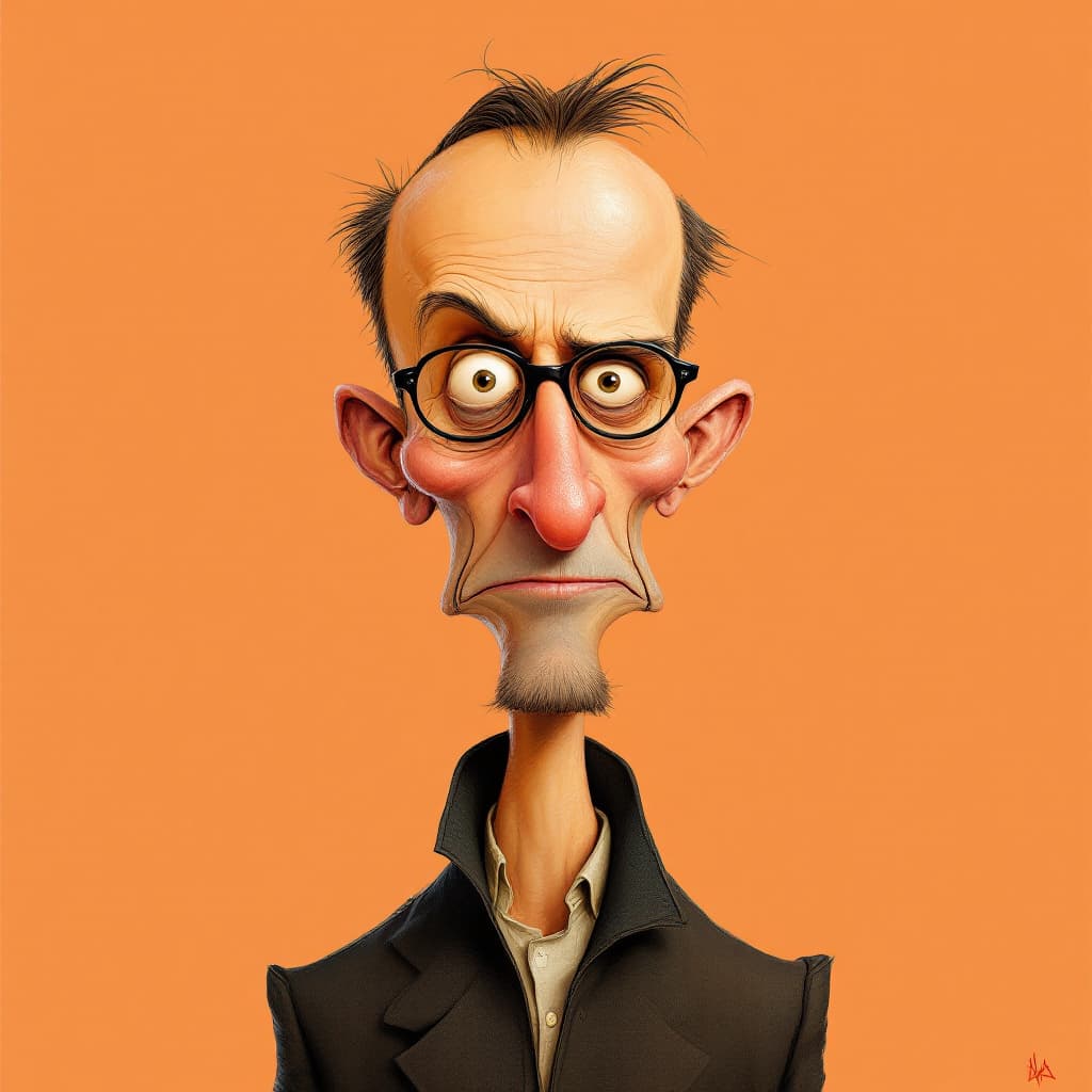 AI generated:  A caricature of a man with exaggerated features is set against a vibrant orange backdrop. The overa...