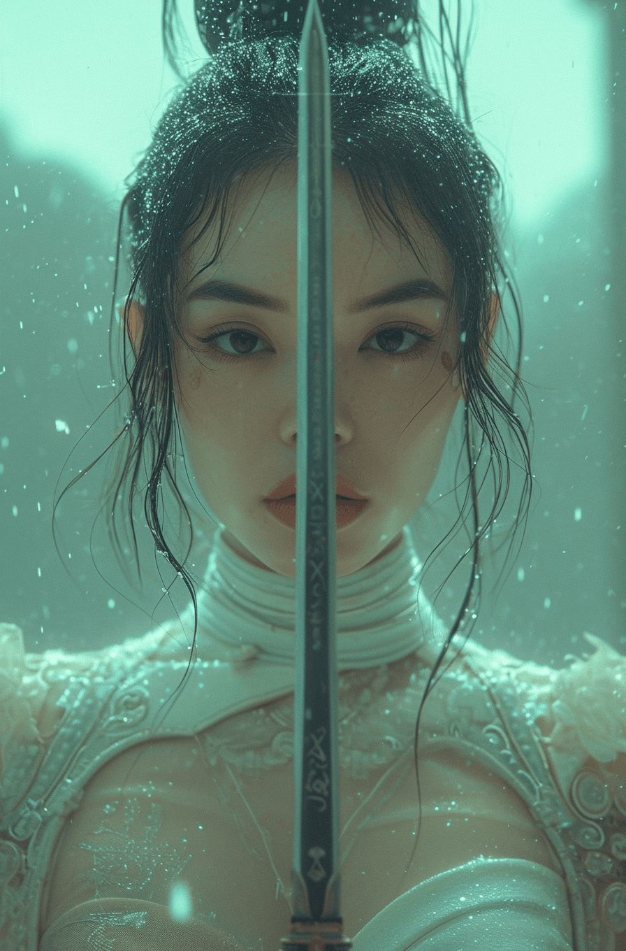 AI generated: Beautiful female in futuristic attire holding a sword, in the style of movie still, snapshot realism...