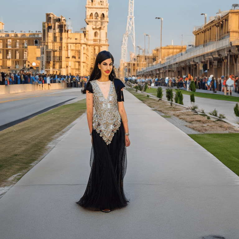 AI generated: Portrait of a beautiful Spanish lady, with jet black hair, simply elegant look,standing at the end o...