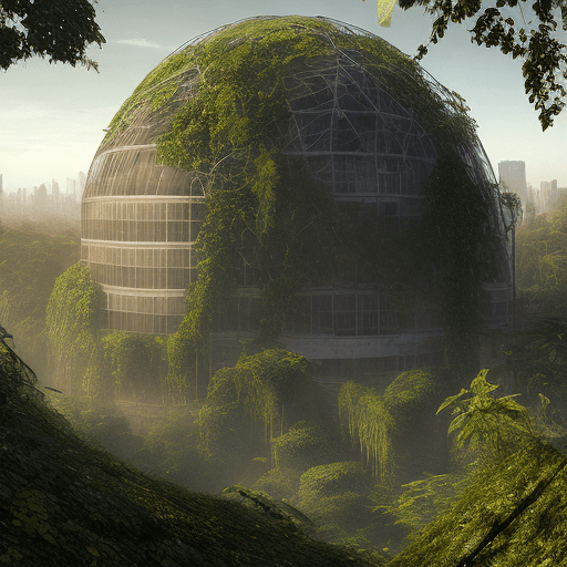 AI generated: A gargantuan, rusted metal city, half-buried by the encroaching jungle, dominates the scene. Vines a...