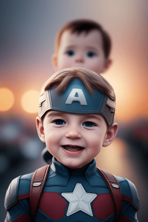 AI generated: Baby boy captain america, marvel movies, marvel comics, marvel universe, smile, happy, stadium at ni...